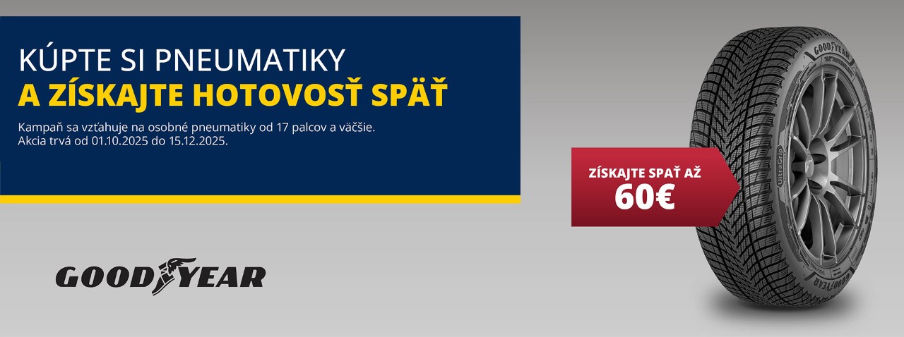 Kúp sadu štyroch zimných alebo celoročných pneumatik značky Goodyear od 17 palcov vrátane a získaj späť až 60 €.